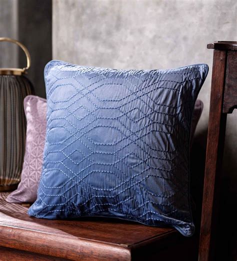 Buy Blue Geometric Cotton 18 X 18 Inches Cushion Cover By Eris Home At