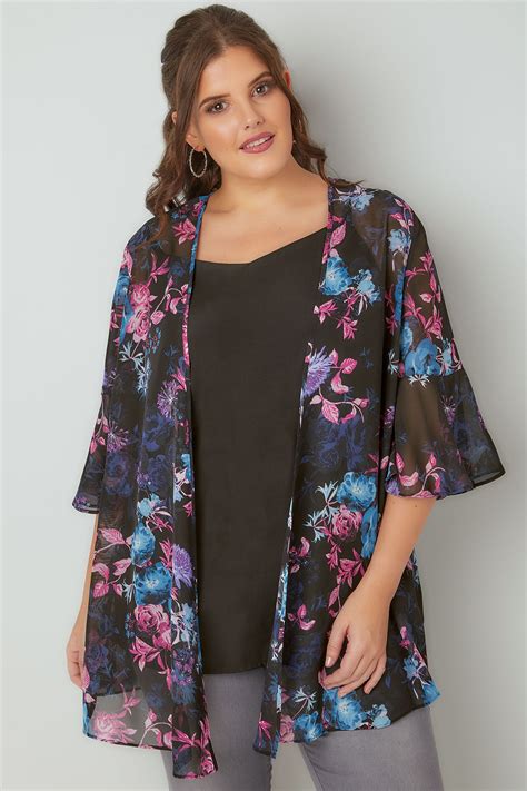 Black And Multi Dark Floral Chiffon Kimono With Flute Sleeves Plus Size