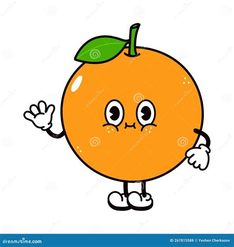 Cute Funny Orange Fruit Waving Hand Character Vector Hand Drawn Traditional Cartoon Vintage