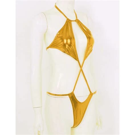 Luxevana Swim One Piece Sexy Swimsuit Metallic Gold Micro Bikini