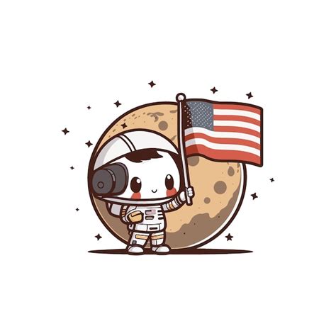 Bonito Astronauta Segurando A Bandeira Americana Na Lua Vetor Premium