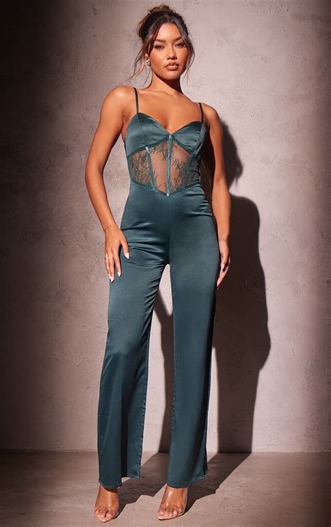 Emerald Green Satin Lace Corset Strappy Jumpsuit Prettylittlething Usa