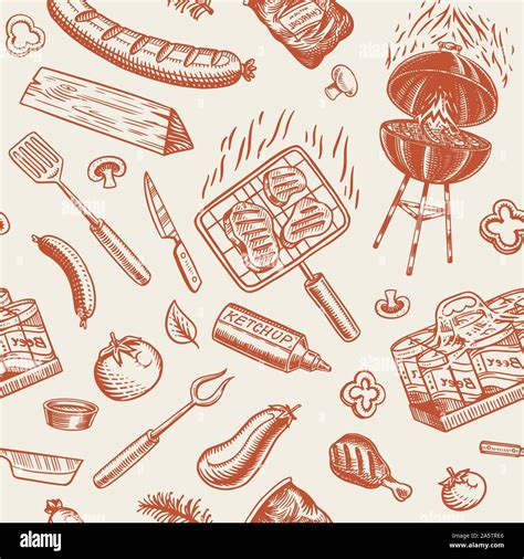 Barbecue Grill Seamless Pattern In Vintage Style Drawn By Hand Bbq