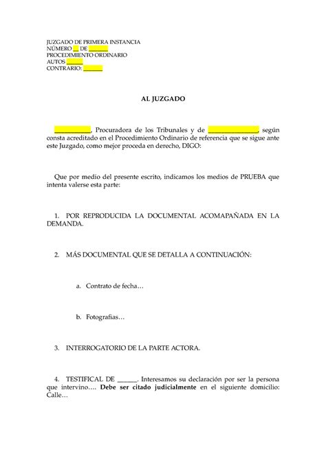 Modelo Nota De Prueba Audiencia Previa Juicio Ordinario Derecho