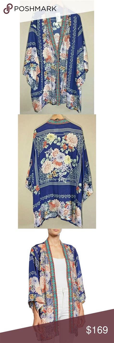 Johnny Was Blati Silk Kimono Jacket Embroidered Trim Long Kimono