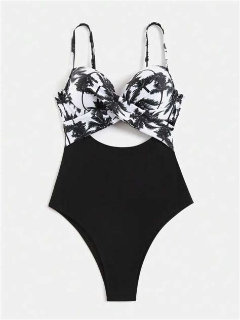 Shein Swim Vcay Tropical Print Twist Front Cut Out Push Up One Piece