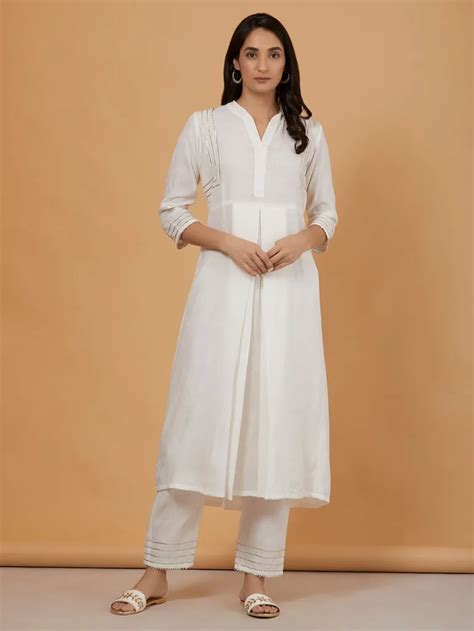 Buy White Gota Cotton Pleated Kurta With Pants Set Of Online At