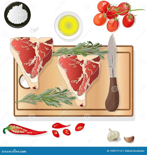 Variety Of Meat Steaks On Board With Side Products And Herbs Vector