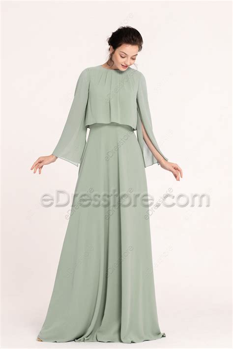 Modest LDS Dusty Sage Bridesmaid Dresses Long EDresstore