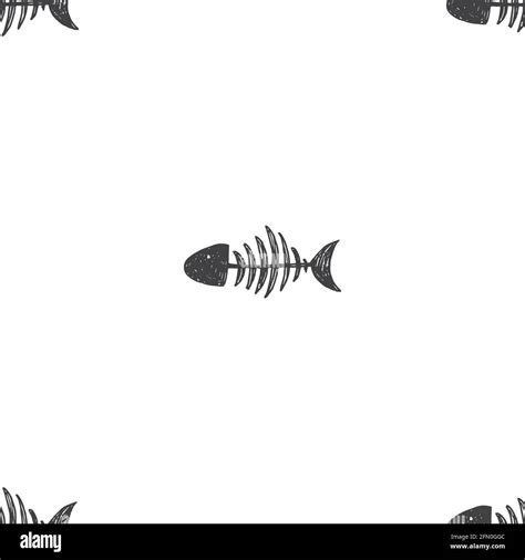 Fish Bones Seamless Pattern Fish Skeleton Sketch Hand Drawn Cartoon