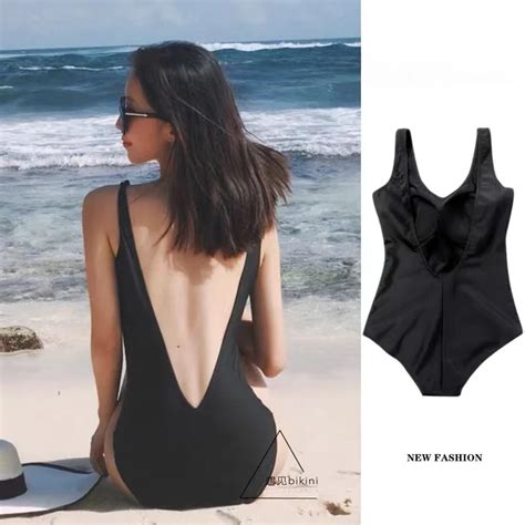 Black Beautiful Back Korean Simple Swimsuit Female V Line Sexy Backless Thin Beach Hot Spring