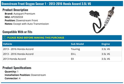 2013 2016 Honda Accord Oxygen Sensor Autopart Premium Apos0559 Downstream Front