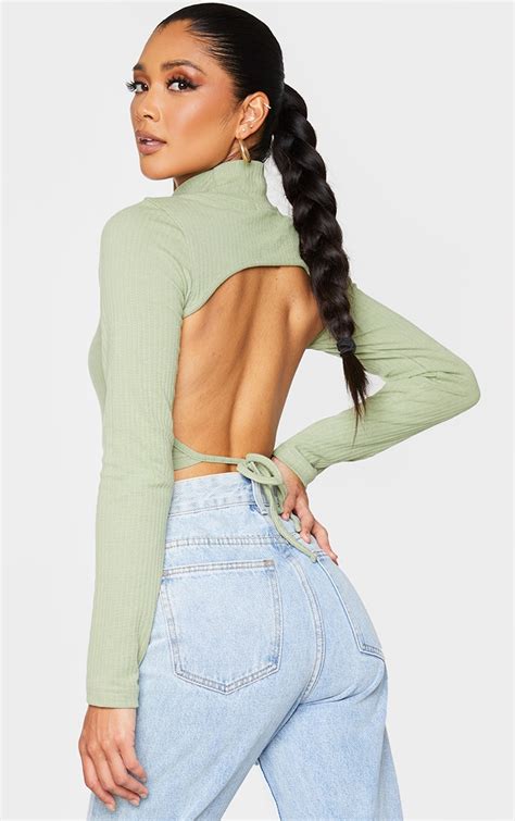 Olive Rib Backless Tie Long Sleeve Crop Top Prettylittlething Qa