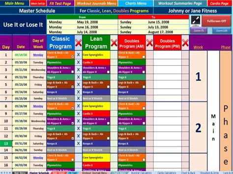 P X Classic Workout Schedule Excel