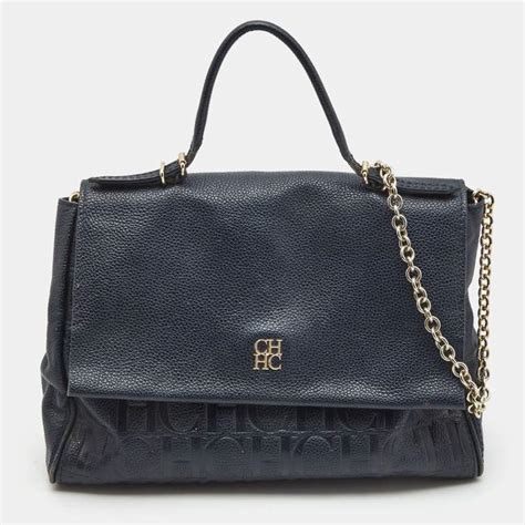 CH Carolina Herrera Navy Blue Leather Minuetto Flap Top Handle Bag CH