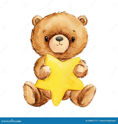 Cute Teddy Bear With Star Isolated On White Background Watercolor Hand