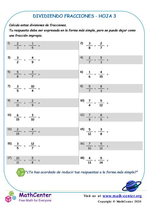 Quinto Grado Hojas De Trabajo Dividir Fracciones Math Center