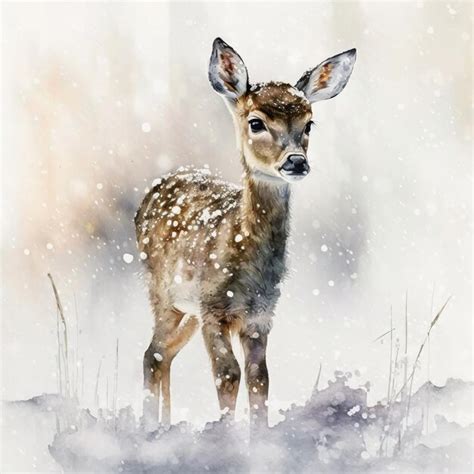 Premium Photo | Snow squal watercolor in a snowstrom baby deer