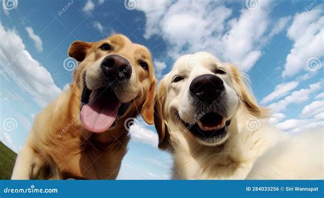 Happy and Funny Animal Conceptual Photo. Surealistic Photo of Two Smiling Cute Golden Retriever ...