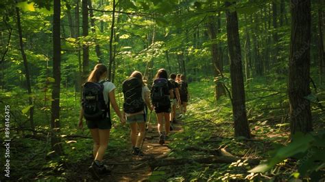 Teens Hike A Forest Trail At Summer Camp Bonding Over Adventures And