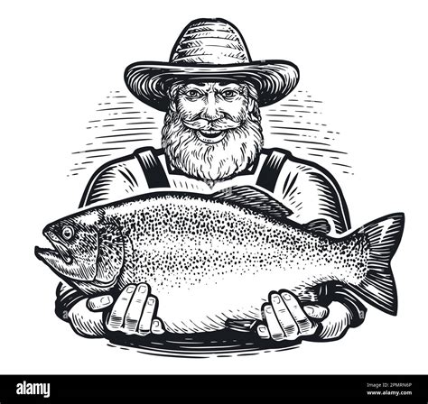 Happy Old Fisherman With Big Caught Fish Fishing Concept Hand Drawn