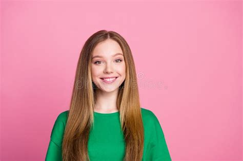 Portrait Of Teenage Girl Blonde Hair Model Wearing Green Non Branding Logo T Shirt Smile Cutie