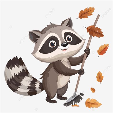 Lindo Mapache De Dibujos Animados Barriendo Hojas Png Dibujos Lindo