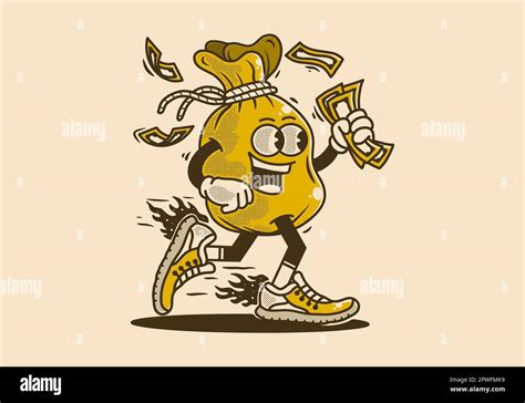 Vintage mascot character design of money bag holding money Stock Vector ...