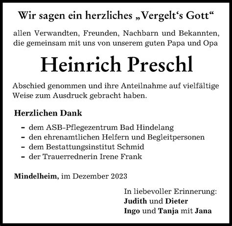 Traueranzeigen Von Heinrich Preschl Augsburger Allgemeine Zeitung