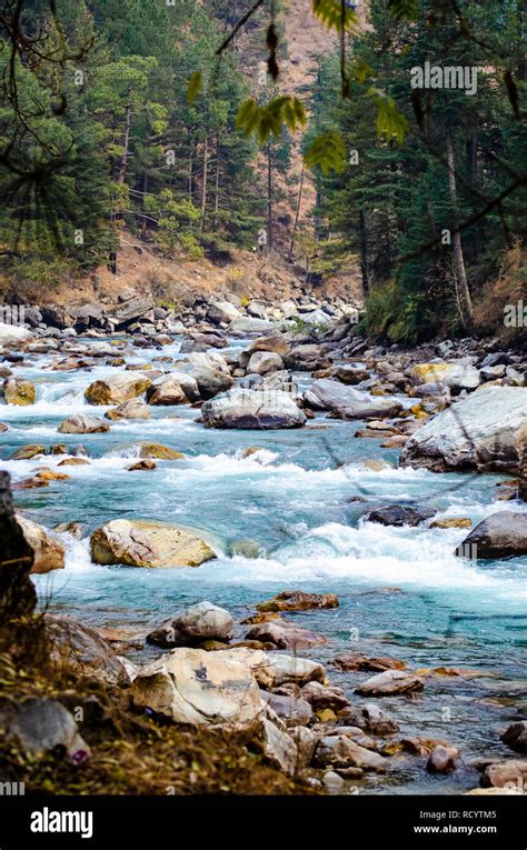 Parvati river viewed from Chalal, a small village in Himachal Pradesh ...