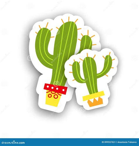 Mexican Cacti In Clay Pots Hand Drawn Sticker Designs Vector I Stock