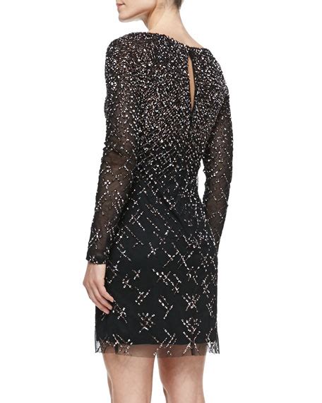 Aidan Mattox Long Sleeve Beaded Sequined Cocktail Dress