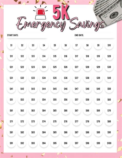 K Emergency Savings Challenge Printable Savings Challenge