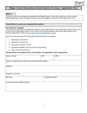 Fillable Online Wigan Council Secondary School Transfer Of School