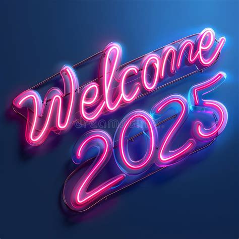 A Neon Sign That Says Welcome 2025 On A Blue Background Stock Image