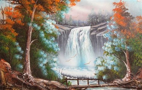 Pintura al óleo bosque paisaje Cascada Río firmado