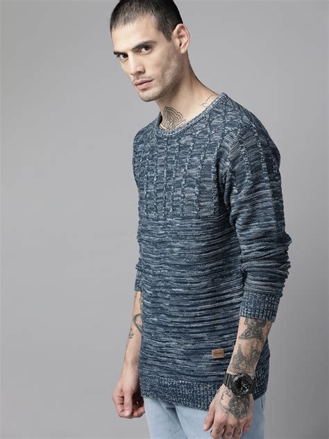 The Roadster Lifestyle Co Men Blue Melange Cable Knit Acrylic Pullover