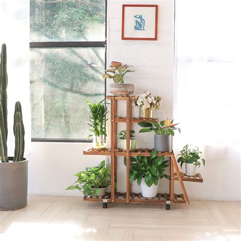 Unho Wooden Plant Stand With Wheels Multi Tiered Plant Shelf Indoor