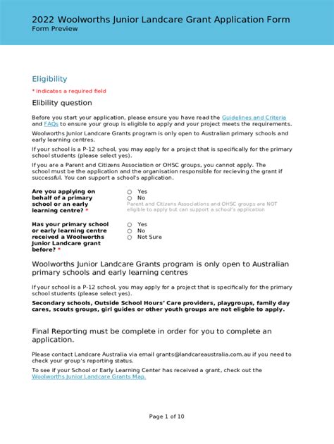 Fillable Online Woolworths Junior Landcare Grant Application Form