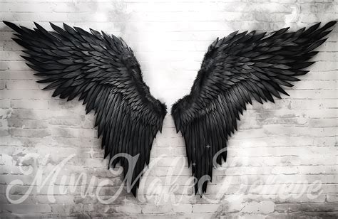 Kate Painterly Dark Angel Wings on Distressed White Brick Backdrop Des