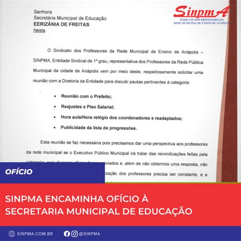 Sinpma Encaminha OfÍcio À Secretaria Municipal De EducaÇÃo Sinpma