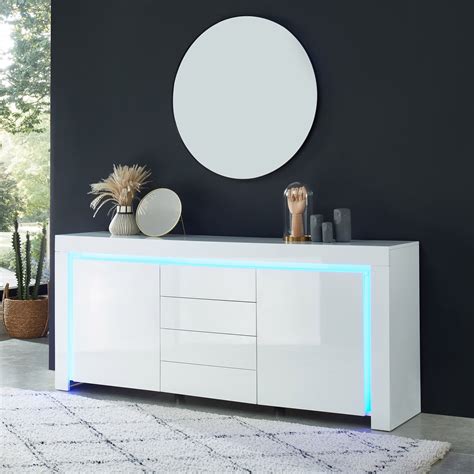 Buffet 2 portes 4 tiroirs 170 cm blanc laqué brillant avec led COSMO