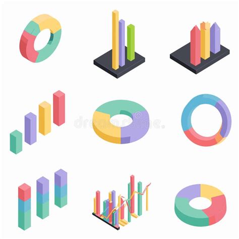 Set Colorful Isometric 3D Business Charts Graphs Include Pie Charts