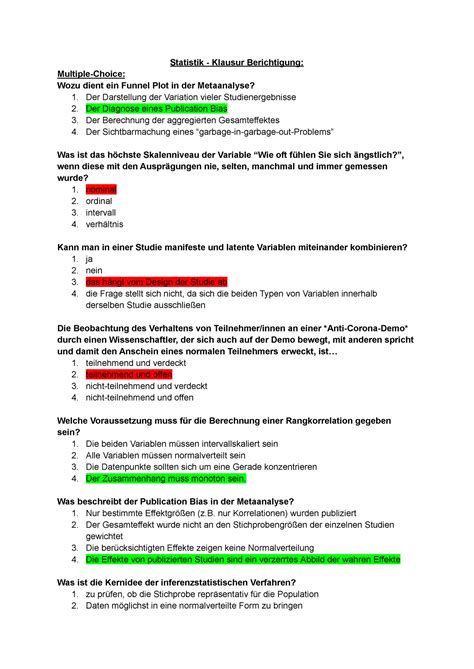 Statistik Probeklausur Statistik Klausur Berichtigung Multiple