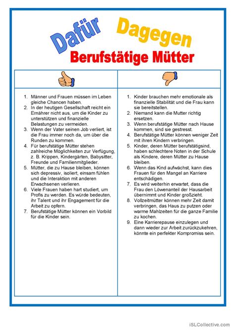 Dafür oder dagegen Berufstätig Deutsch DAF Arbeitsblätter pdf doc