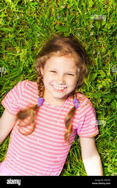 Portrait From Above Of Smiling Cute Girl Stock Photo Alamy