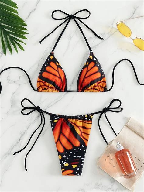 Emmiol Free Shipping 2023 Lace Up Butterfly Bikini Set Orange S In