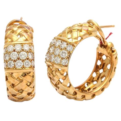 Tiffany And Co Diamond Gold Basket Weave Design Hoop Earrings At