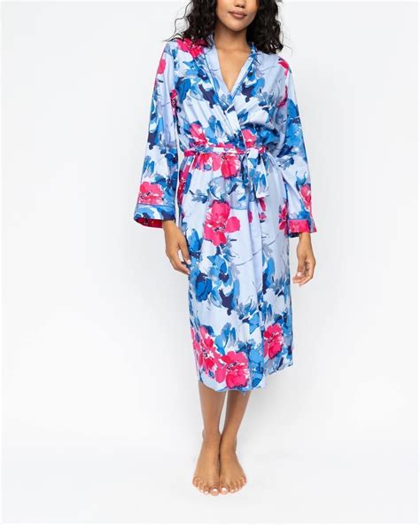 Lyla Floral Print Long Dressing Gown Blue Floral TKD Lingerie