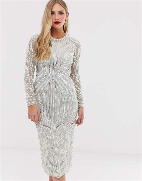 Asos Edition Sequin And Pearl Midi Bodycon Dress With Cut Out Back Asos